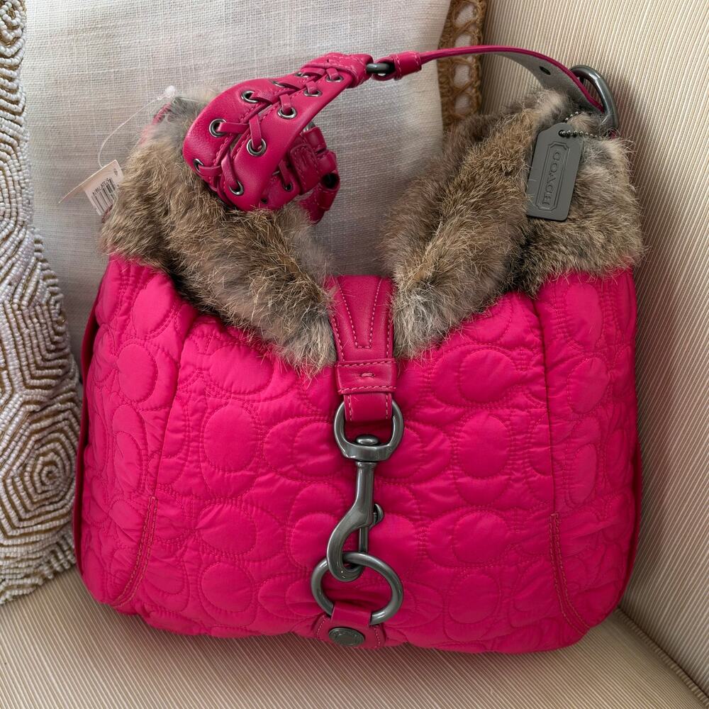 NWT Rare 2004 Coach 6733 Pink Rabbit Fur Quilted Ski Hobo Y2K Bag